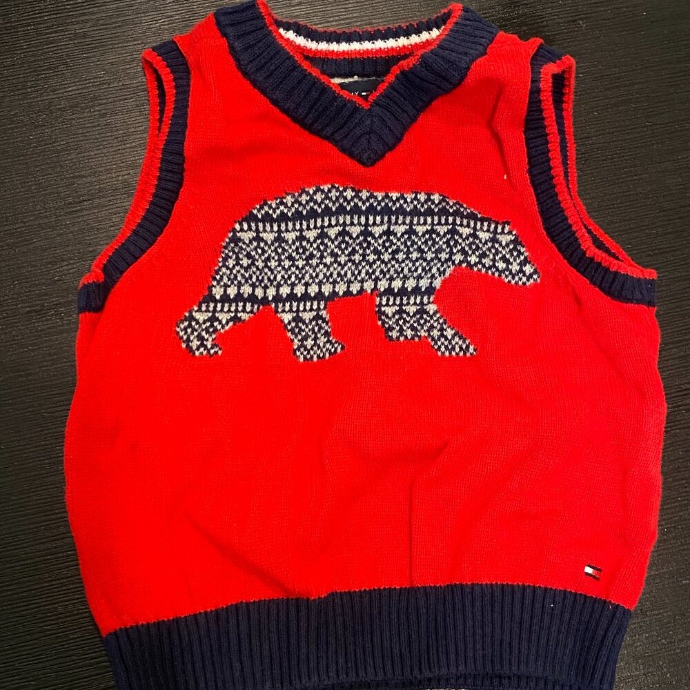 Tommy Hilfiger Red and Navy Sweater Vest and Onesie set